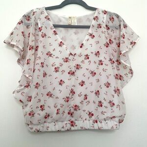 Floral Flutter sleeve cropped elastic waist blouse top size XS